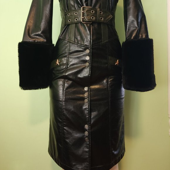 Vintage Lip Service Vice Faux Fur Keyhole Military Black And Green Trench Coat - Picture 5 of 8